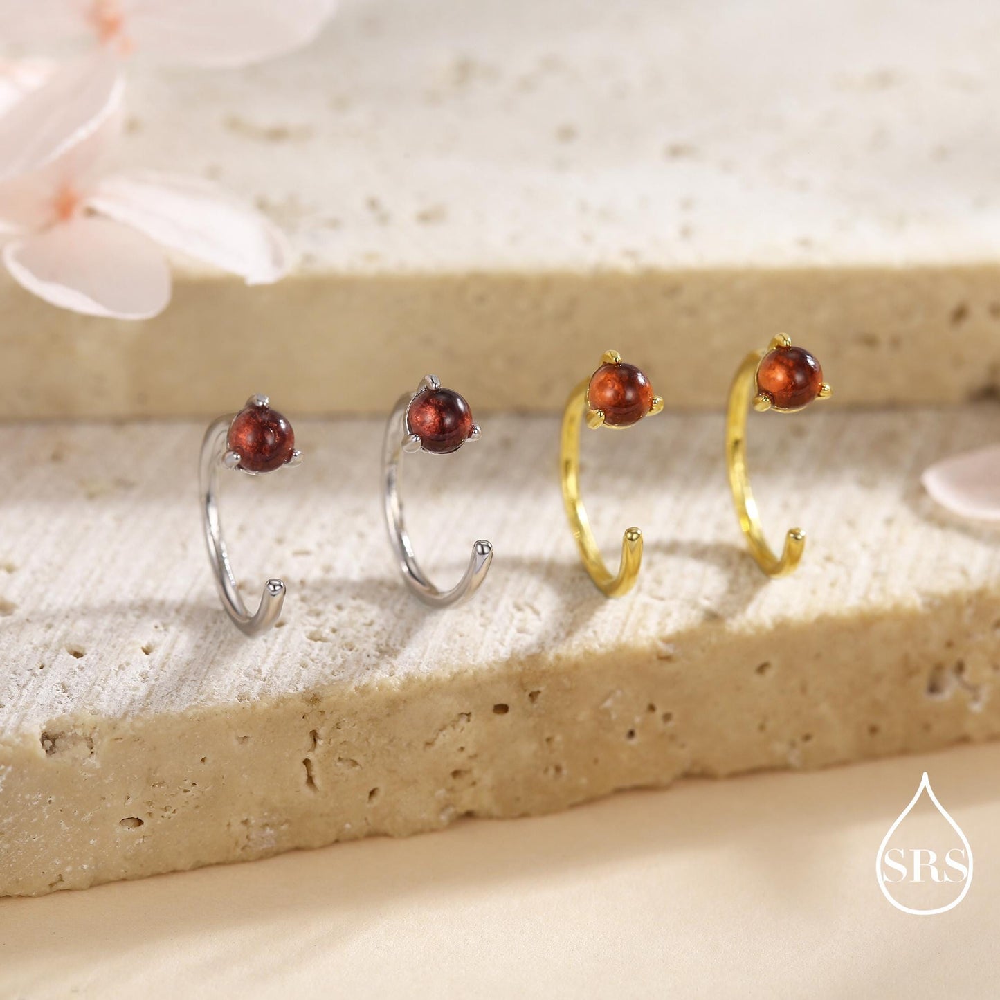 Genuine Garnet Huggie Hoop Earrings in Sterling Silver, 3mm Natural Garnet Open Hoops, Pull Through Threaders, Half Hoops, C Shape Hoops