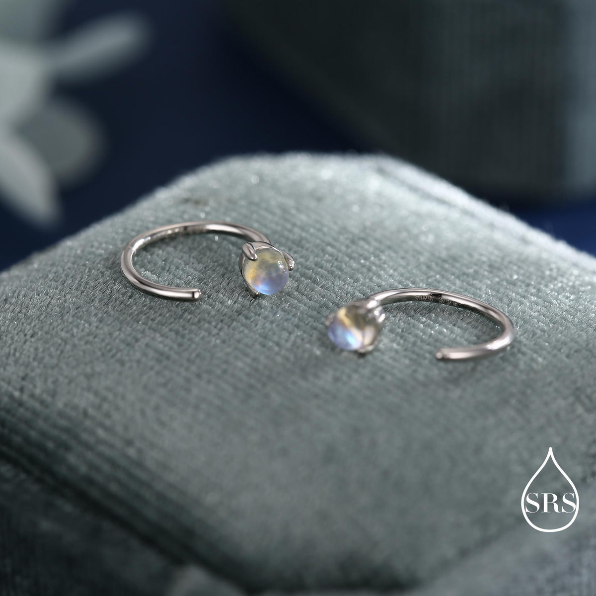 Moonstone Huggie Hoop Earrings in Sterling Silver, Tiny Moonstone Open Hoops, Pull Through Threaders, Half Hoops, C Shape Hoops