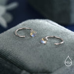 Moonstone Huggie Hoop Earrings in Sterling Silver, Tiny Moonstone Open Hoops, Pull Through Threaders, Half Hoops, C Shape Hoops