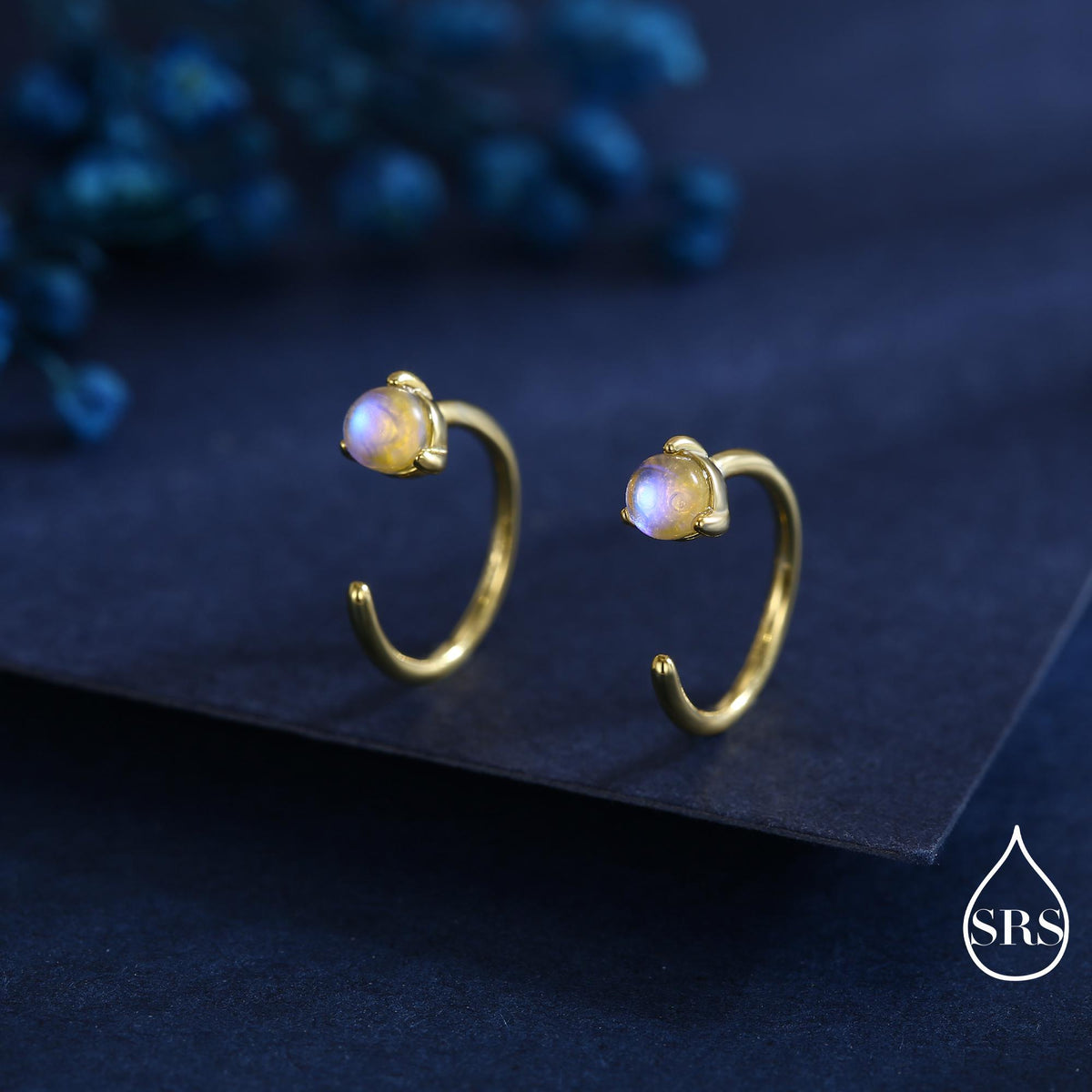 Moonstone Huggie Hoop Earrings in Sterling Silver, Tiny Moonstone Open Hoops, Pull Through Threaders, Half Hoops, C Shape Hoops