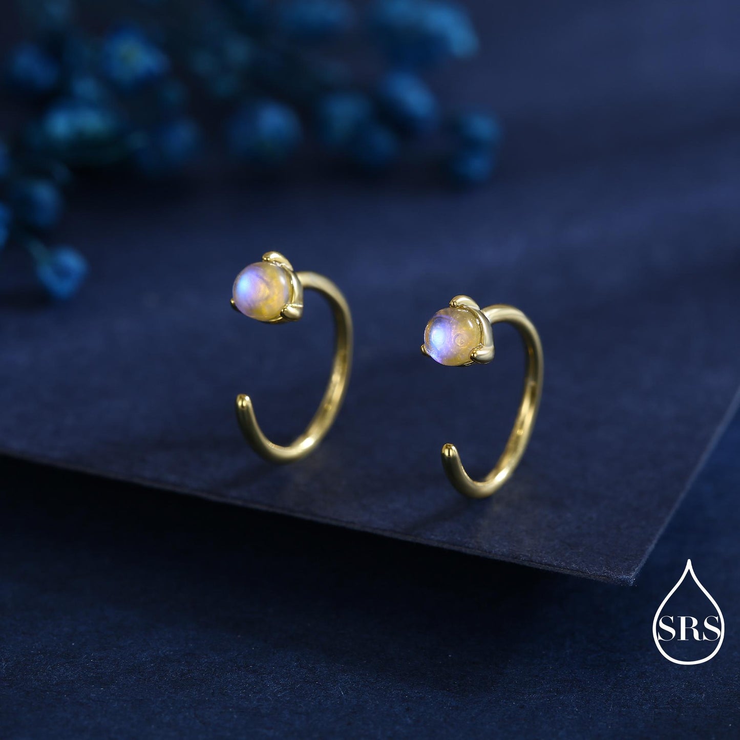 Moonstone Huggie Hoop Earrings in Sterling Silver, Tiny Moonstone Open Hoops, Pull Through Threaders, Half Hoops, C Shape Hoops