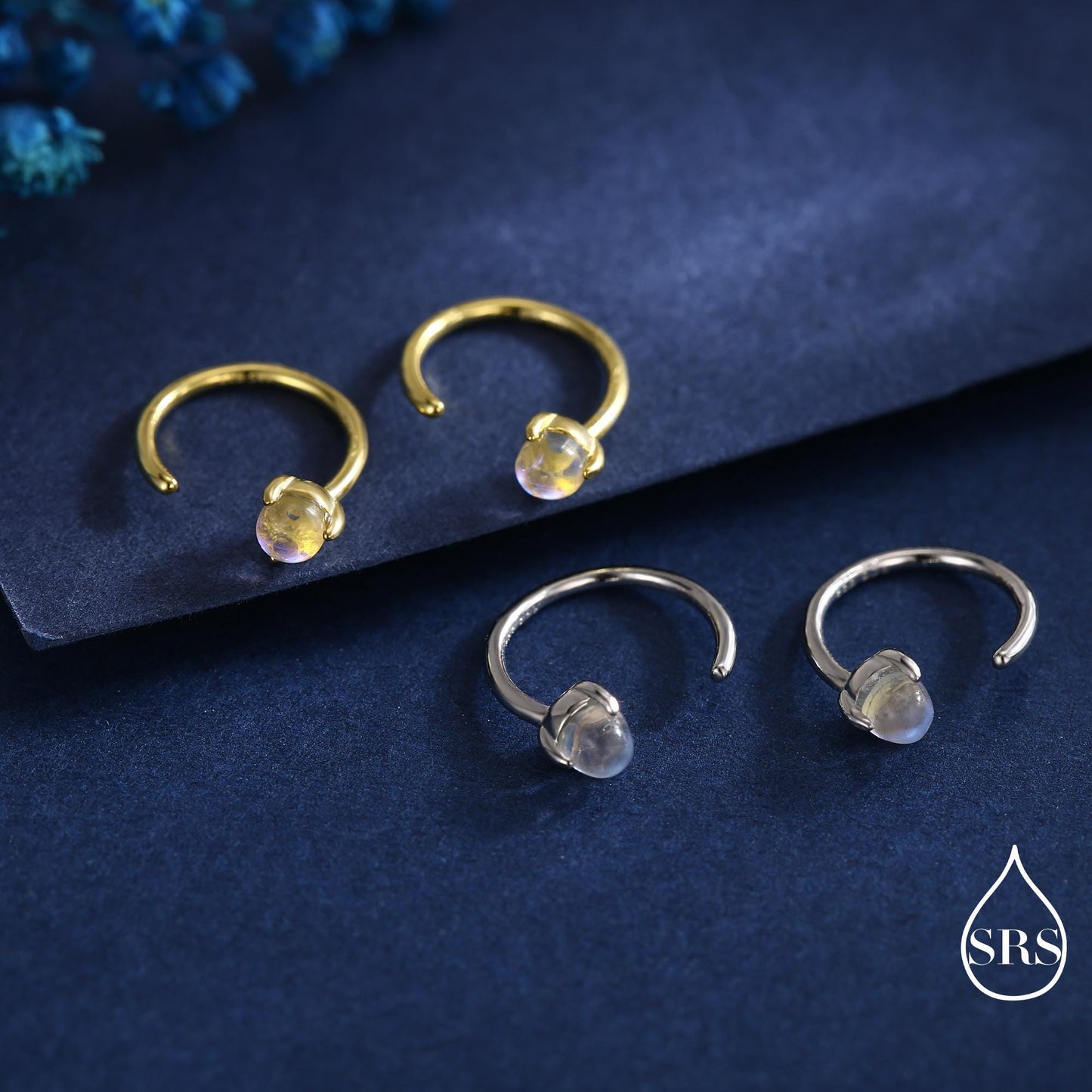 Moonstone Huggie Hoop Earrings in Sterling Silver, Tiny Moonstone Open Hoops, Pull Through Threaders, Half Hoops, C Shape Hoops