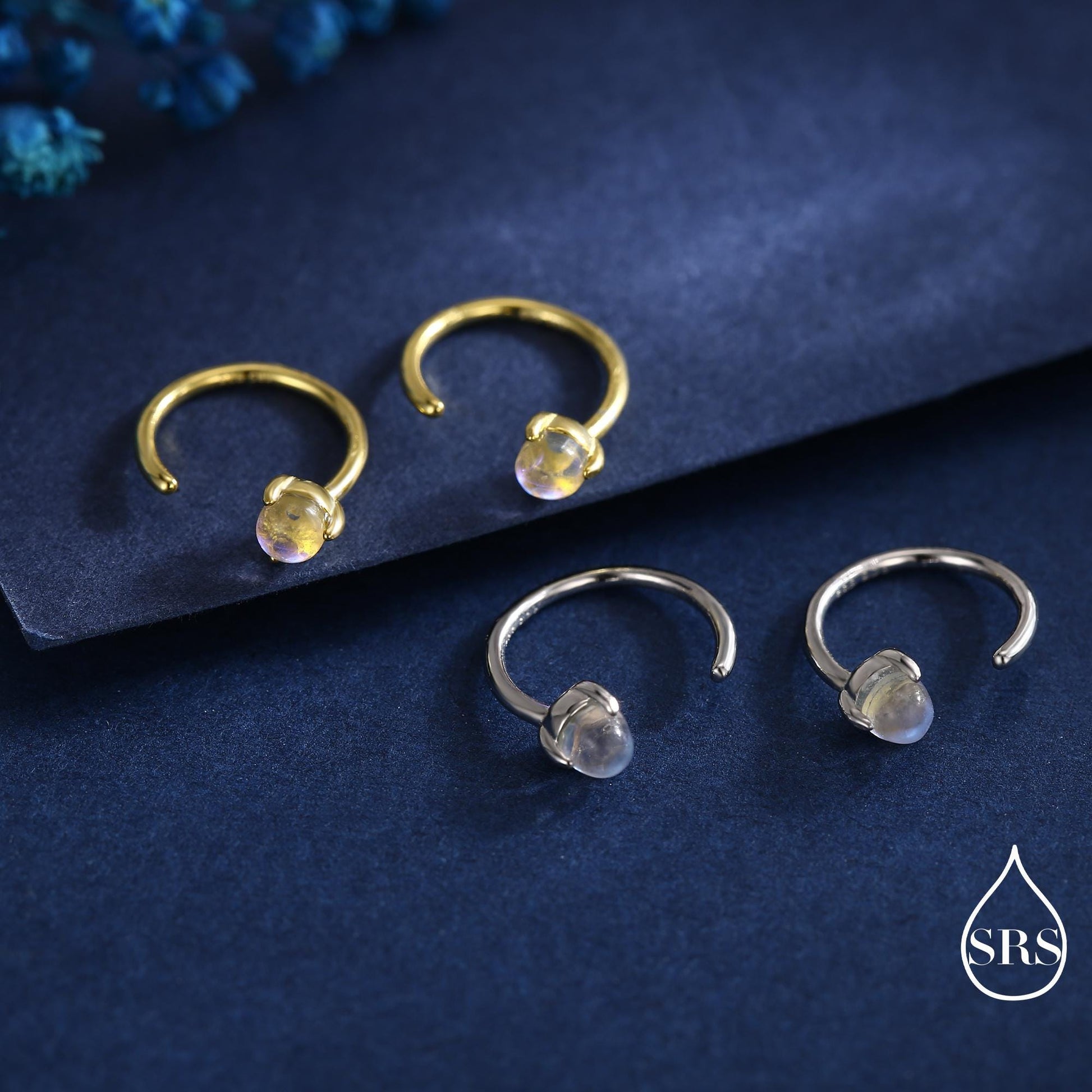 Moonstone Huggie Hoop Earrings in Sterling Silver, Tiny Moonstone Open Hoops, Pull Through Threaders, Half Hoops, C Shape Hoops