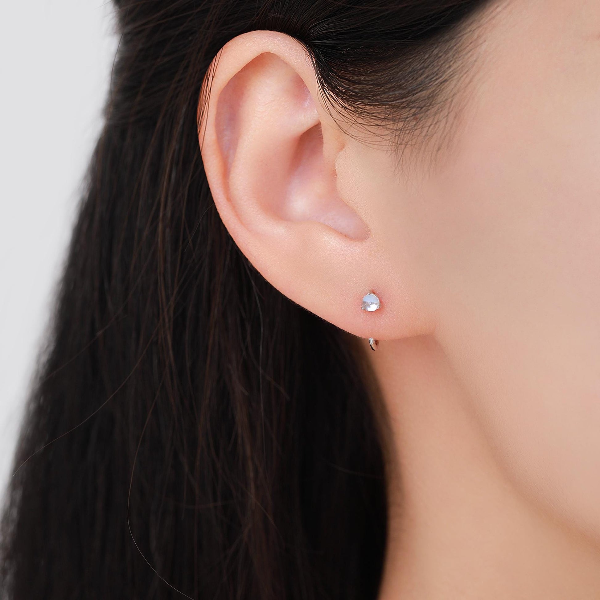 Moonstone Huggie Hoop Earrings in Sterling Silver, Tiny Moonstone Open Hoops, Pull Through Threaders, Half Hoops, C Shape Hoops