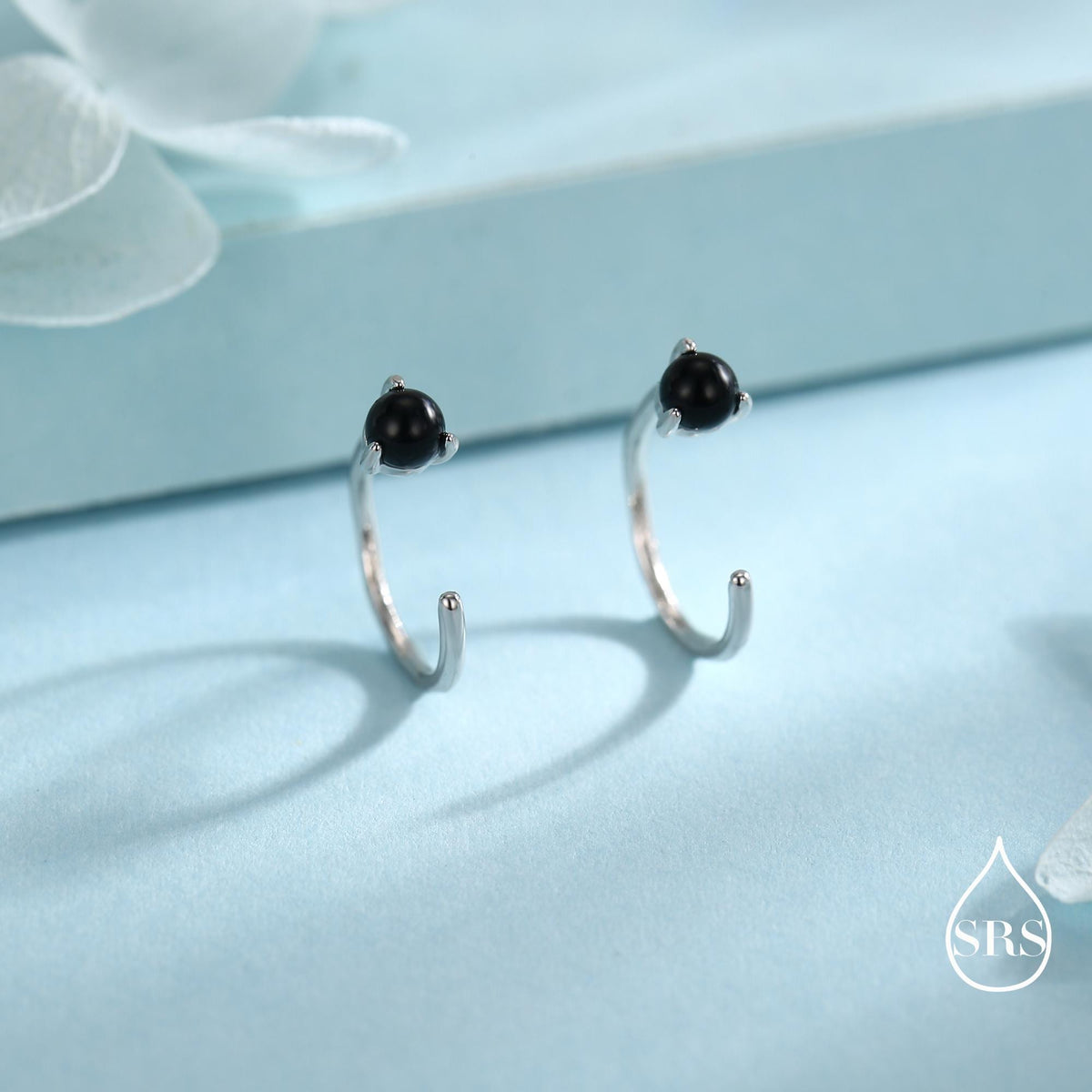 Genuine Black Onyx Huggie Hoop Earrings in Sterling Silver, 3mm Natural Black Onyx Open Hoops, Pull Through Threaders, Half Hoops, C Shape