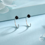 Genuine Black Onyx Huggie Hoop Earrings in Sterling Silver, 3mm Natural Black Onyx Open Hoops, Pull Through Threaders, Half Hoops, C Shape