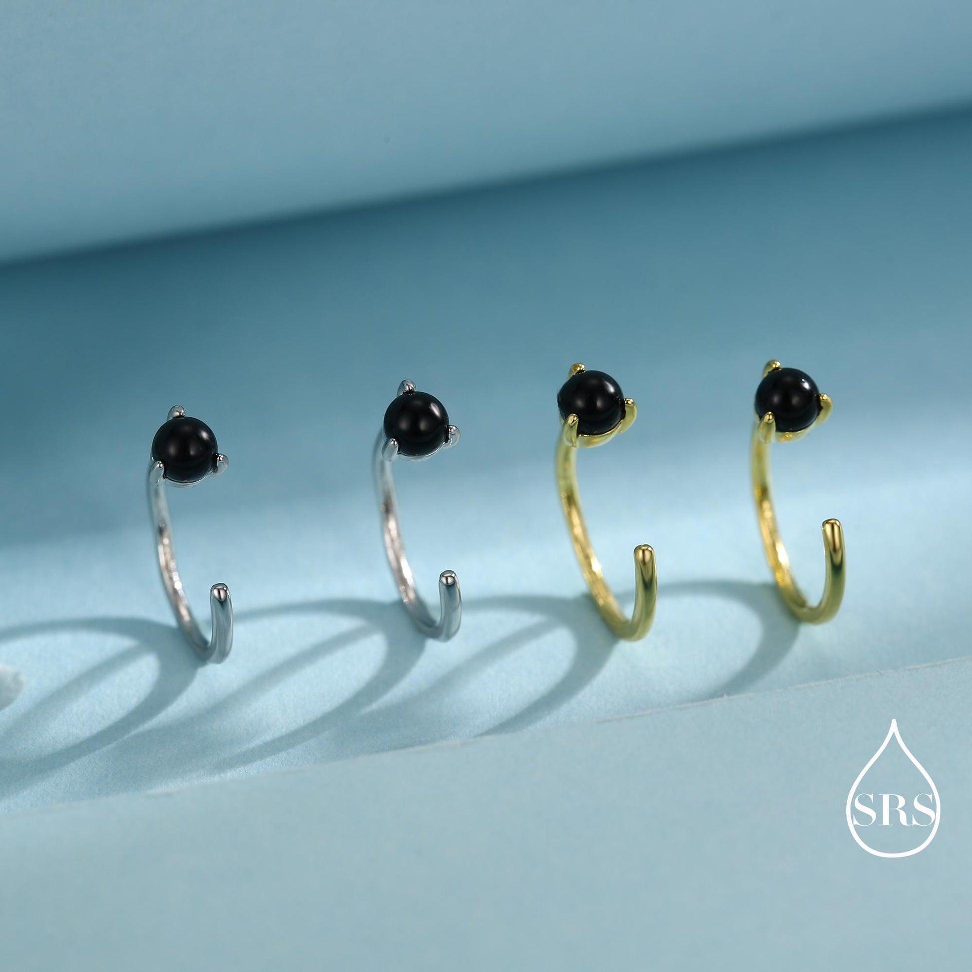 Genuine Black Onyx Huggie Hoop Earrings in Sterling Silver, 3mm Natural Black Onyx Open Hoops, Pull Through Threaders, Half Hoops, C Shape