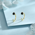Genuine Black Onyx Huggie Hoop Earrings in Sterling Silver, 3mm Natural Black Onyx Open Hoops, Pull Through Threaders, Half Hoops, C Shape