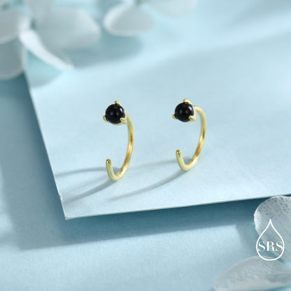 Genuine Black Onyx Huggie Hoop Earrings in Sterling Silver, 3mm Natural Black Onyx Open Hoops, Pull Through Threaders, Half Hoops, C Shape