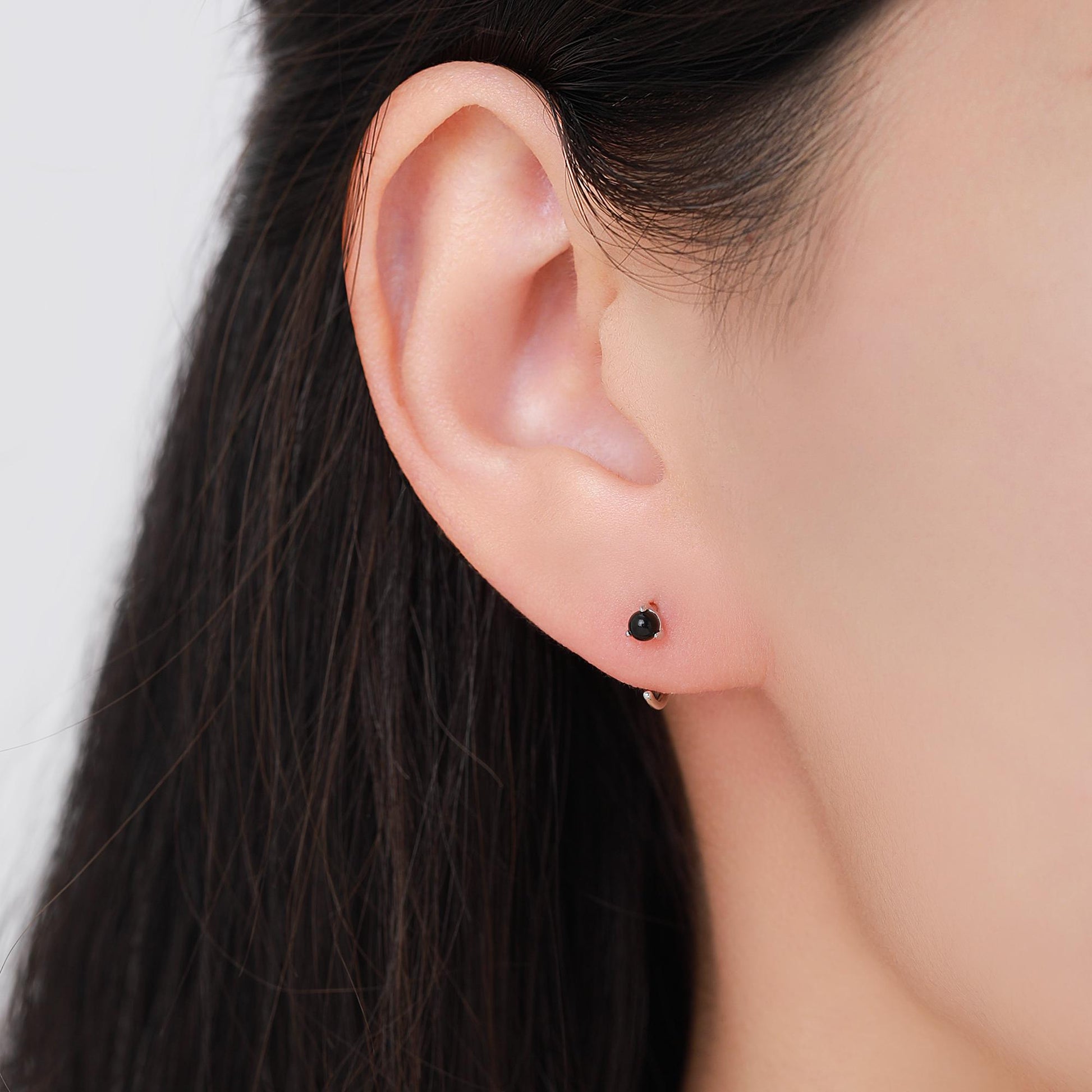 Genuine Black Onyx Huggie Hoop Earrings in Sterling Silver, 3mm Natural Black Onyx Open Hoops, Pull Through Threaders, Half Hoops, C Shape