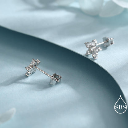 Very Sparkly Forget-me-not Flower Dainty Stud Earrings in Sterling Silver with CZ Crystals, Nature Inspired Design, Delicate and Pretty