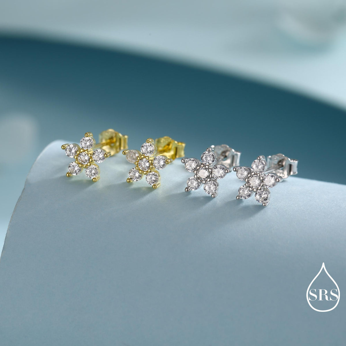 Very Sparkly Forget-me-not Flower Dainty Stud Earrings in Sterling Silver with CZ Crystals, Nature Inspired Design, Delicate and Pretty