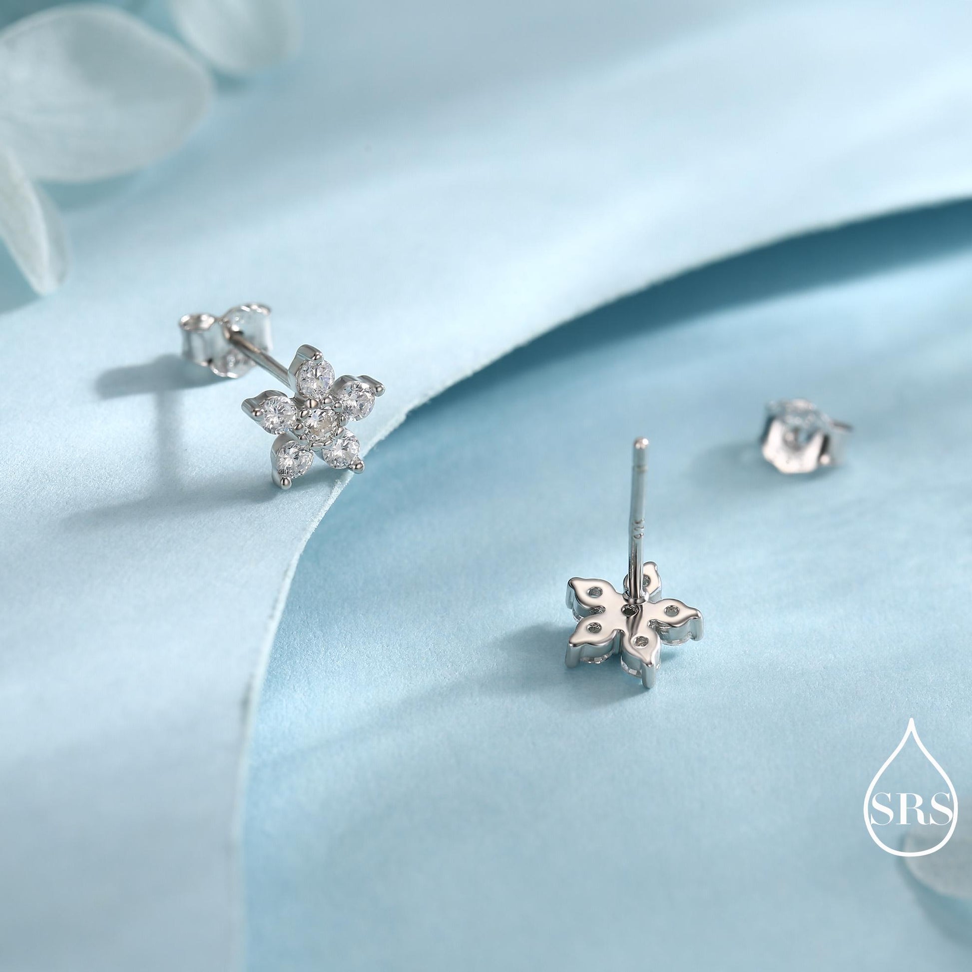 Very Sparkly Forget-me-not Flower Dainty Stud Earrings in Sterling Silver with CZ Crystals, Nature Inspired Design, Delicate and Pretty