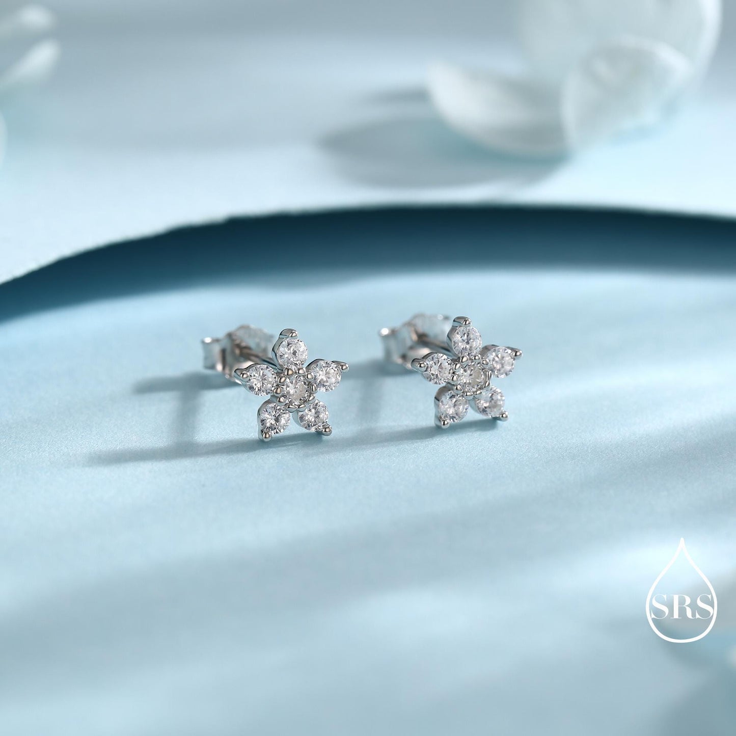 Very Sparkly Forget-me-not Flower Dainty Stud Earrings in Sterling Silver with CZ Crystals, Nature Inspired Design, Delicate and Pretty