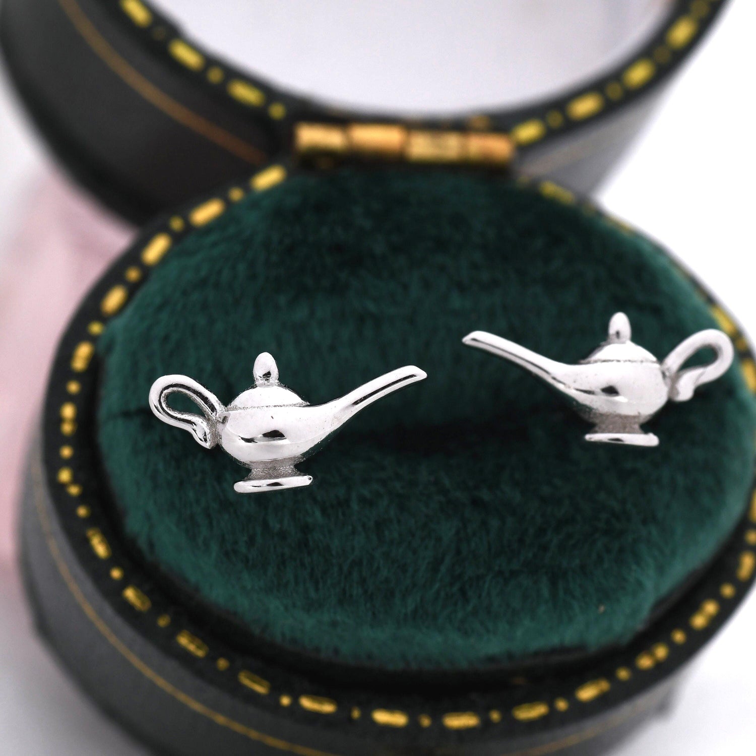 Aladdin's Magic Lamp Stud Earrings in Sterling Silver, Cute Genie Stud, Fairy tale Inspired Design