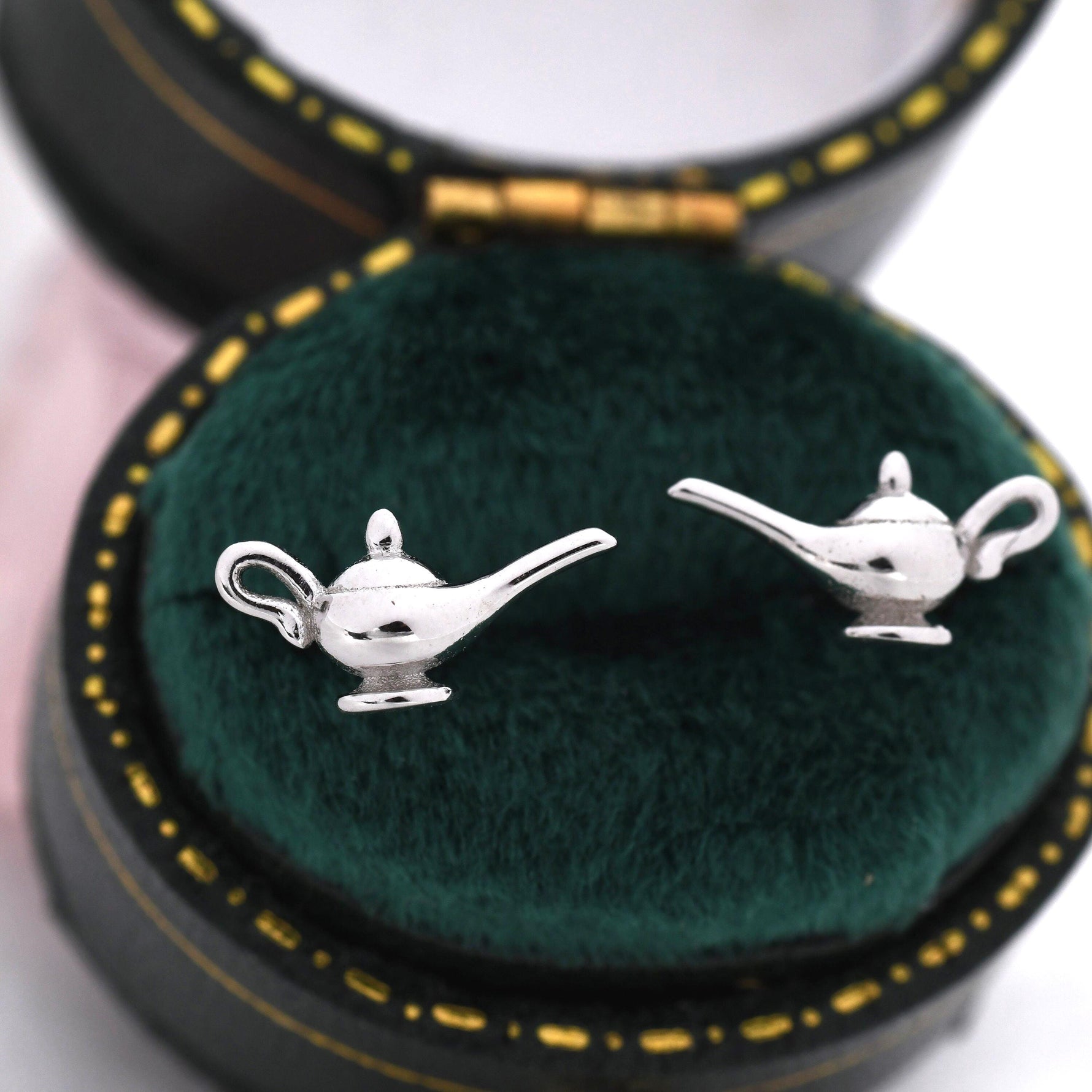 Aladdin's Magic Lamp Stud Earrings in Sterling Silver, Cute Genie Stud, Fairy tale Inspired Design