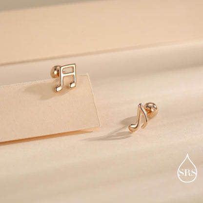 Internally Threaded Music Notes Flat Back Earrings in Sterling Silver, Mismatched Music Symbol Stud Earrings, Fun Earrings for Music Lover