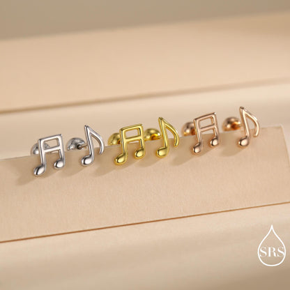 Music Notes Screw Back / Flat Back / Stud Earrings in Sterling Silver, Mismatched Music Symbol Stud Earrings