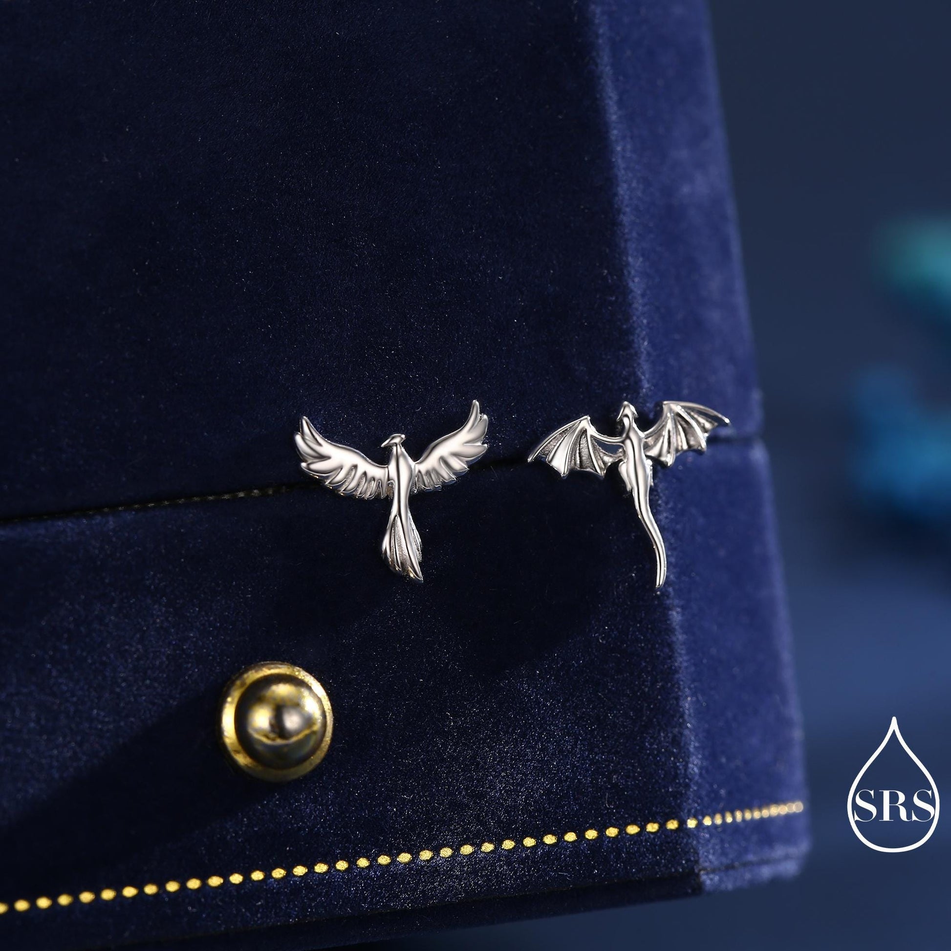 Extra Tiny Mismatched Dragon and Phoenix Stud Earrings in Sterling Silver, Silver or Gold, Asymmetric Phoenix and Dragon Stud Earrings