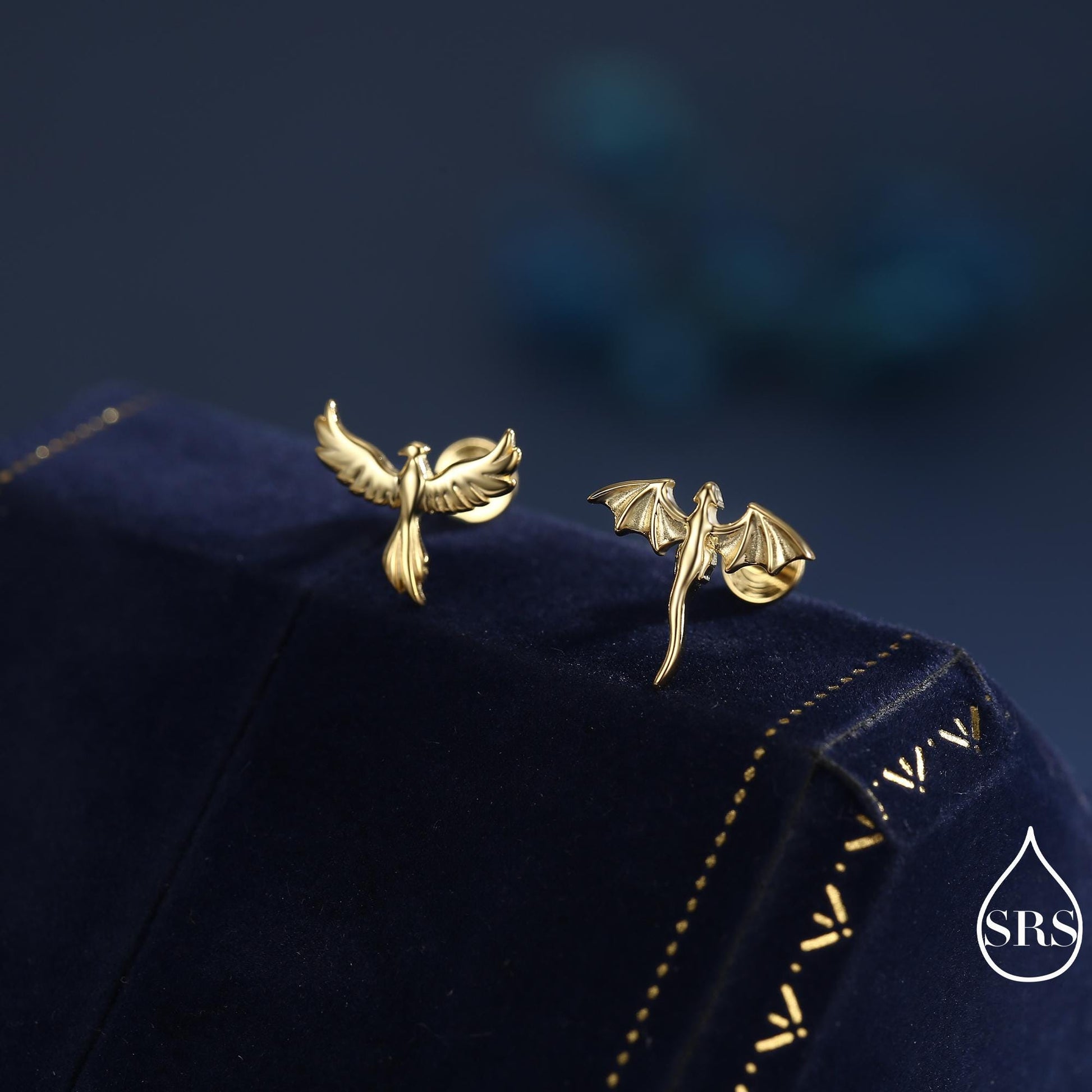 Mismatched Dragon and Phoenix Internally Threaded Flat Back/ Stud Earrings in Sterling Silver, Also Gold or Rose Gold Finish, Asymmetric