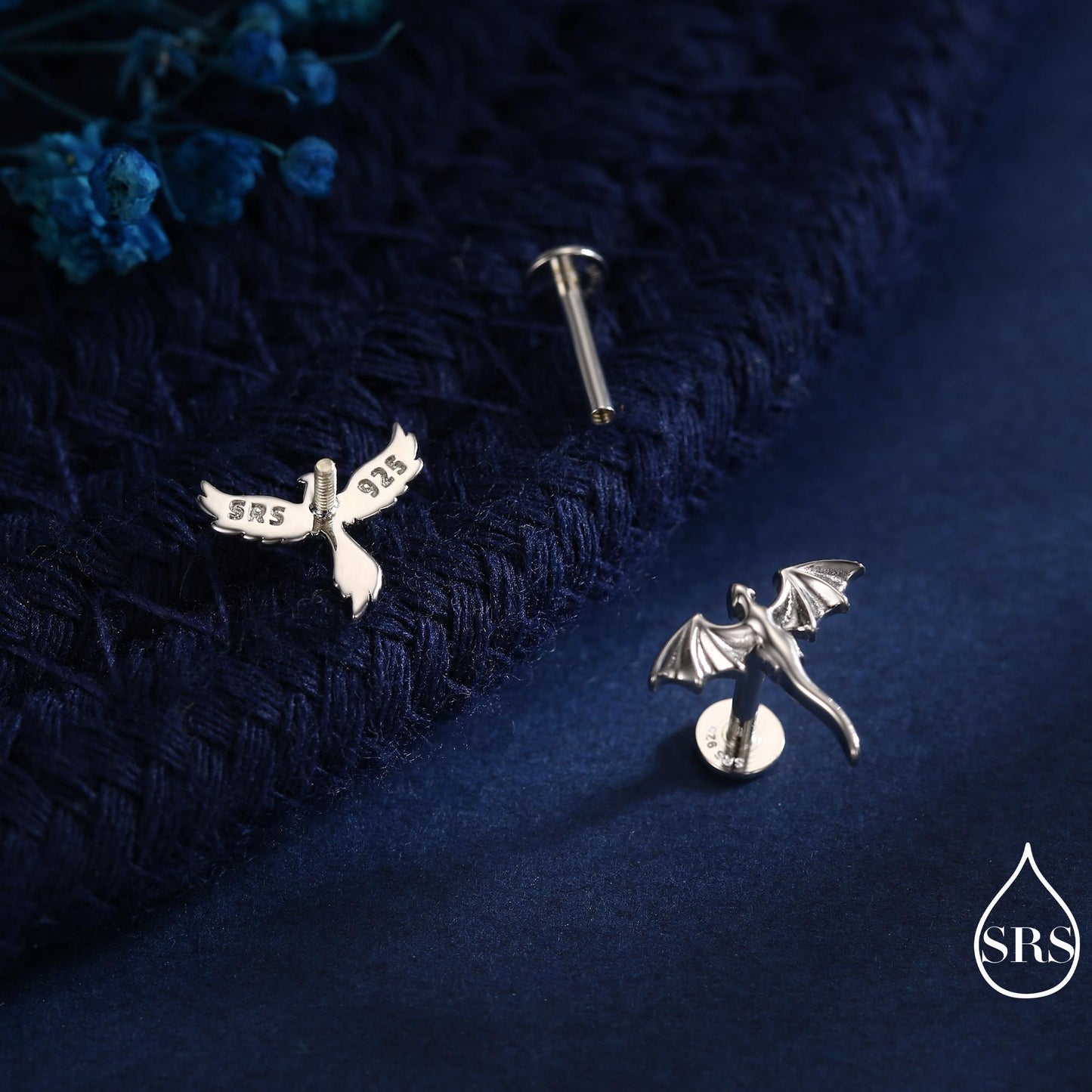 Mismatched Dragon and Phoenix Internally Threaded Flat Back/ Stud Earrings in Sterling Silver, Also Gold or Rose Gold Finish, Asymmetric