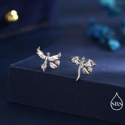 Mismatched Dragon and Phoenix Internally Threaded Flat Back/ Stud Earrings in Sterling Silver, Also Gold or Rose Gold Finish, Asymmetric