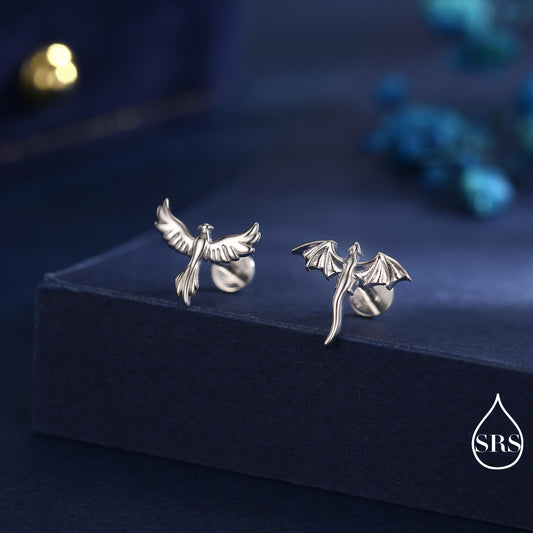 Mismatched Dragon and Phoenix Internally Threaded Flat Back/ Stud Earrings in Sterling Silver, Also Gold or Rose Gold Finish, Asymmetric