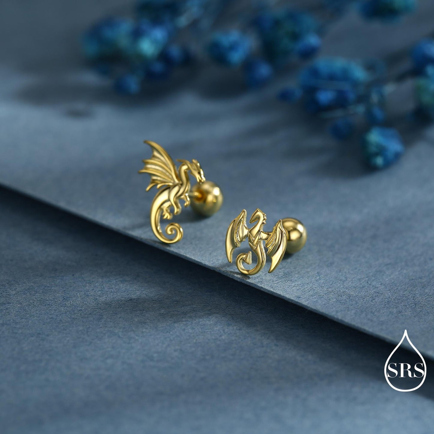 Mismatched Dragon Screw Back / Flat Back / Stud Earrings in Sterling Silver, Silver or Gold Finish, Asymmetric Dragon Stud Earrings