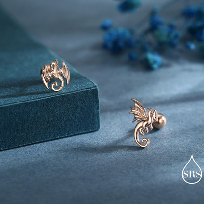 Mismatched Dragon Screw Back / Flat Back / Stud Earrings in Sterling Silver, Silver or Gold Finish, Asymmetric Dragon Stud Earrings