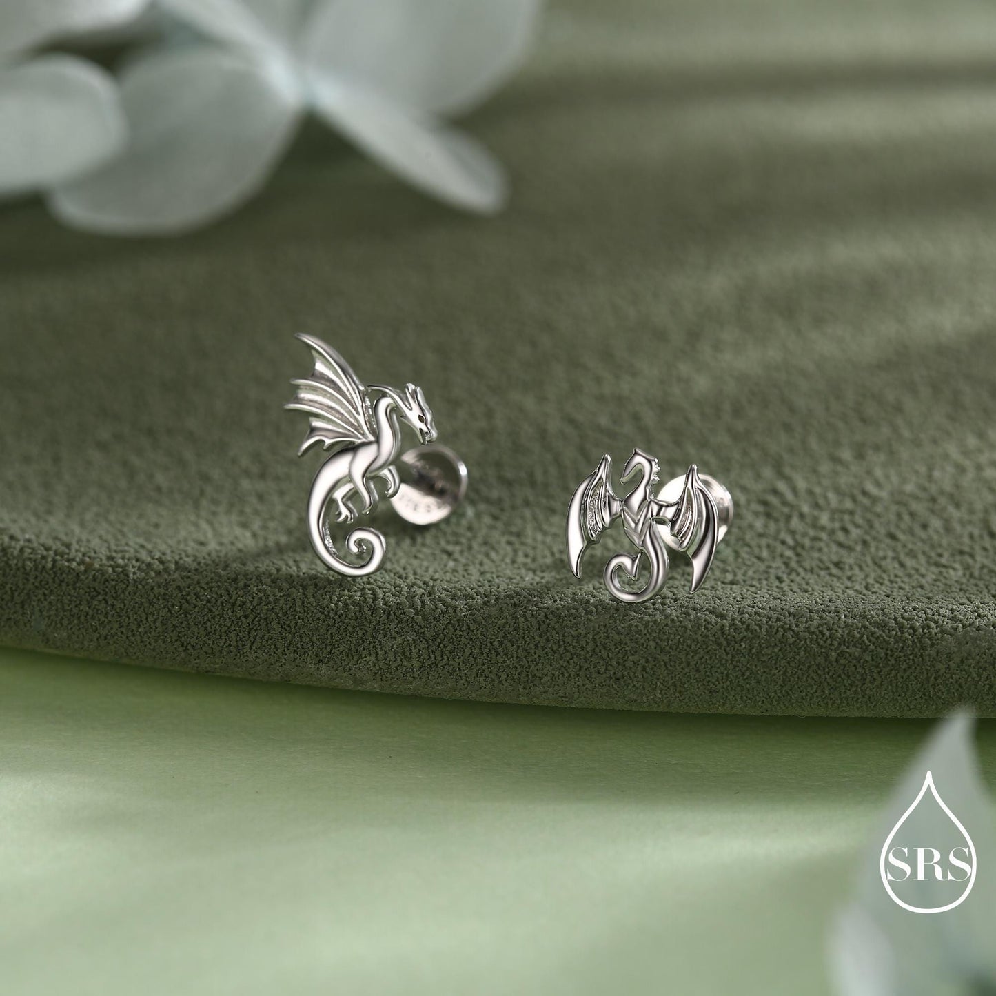 Mismatched Dragon Screw Back / Flat Back / Stud Earrings in Sterling Silver, Silver or Gold Finish, Asymmetric Dragon Stud Earrings