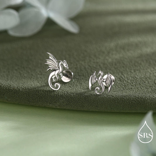 Mismatched Dragon Screw Back / Flat Back / Stud Earrings in Sterling Silver, Silver or Gold Finish, Asymmetric Dragon Stud Earrings