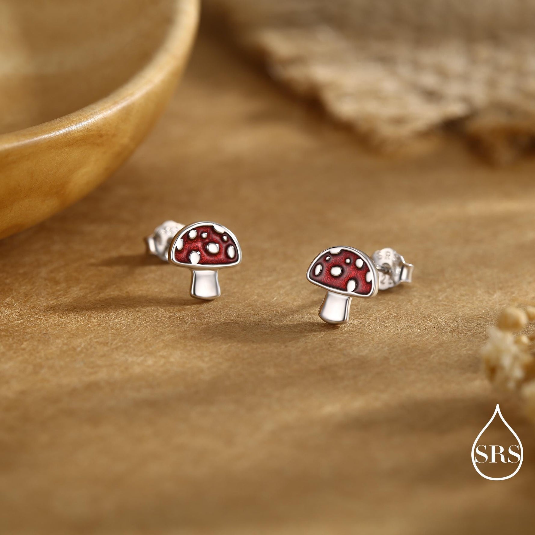 Mushroom Stud Earrings in Sterling Silver, Hand Painted Enamel, Fly Agaric, Nature Inspired Plant Earrings, Fungus Earrings