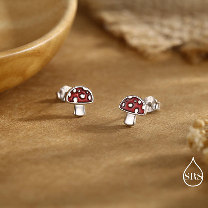 Mushroom Stud Earrings in Sterling Silver, Hand Painted Enamel, Fly Agaric, Nature Inspired Plant Earrings, Fungus Earrings
