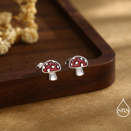 Mushroom Stud Earrings in Sterling Silver, Hand Painted Enamel, Fly Agaric, Nature Inspired Plant Earrings, Fungus Earrings