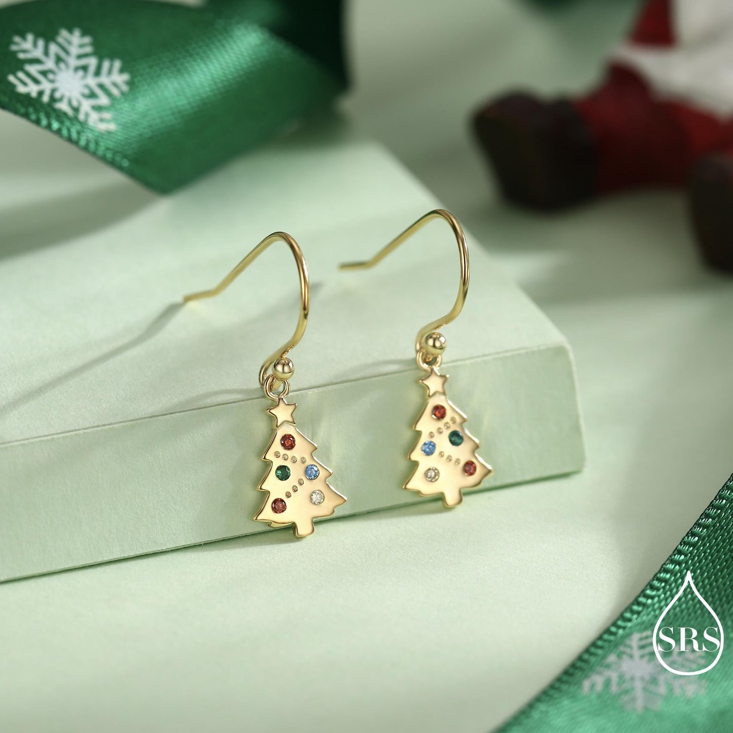 Dainty Christmas Tree Drop Hook Earrings in Sterling Silver, Silver, Gold or Rose Gold Finish, Tiny Xmas Tree Earrings, Christmas Earrings