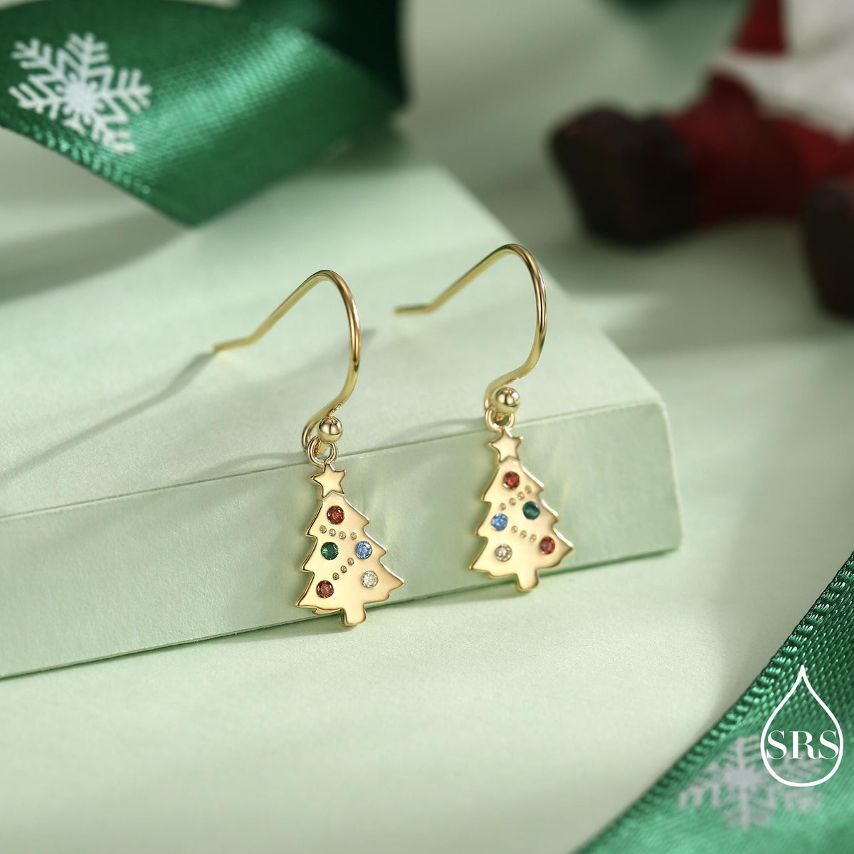 Dainty Christmas Tree Drop Hook Earrings in Sterling Silver, Silver, Gold or Rose Gold Finish, Tiny Xmas Tree Earrings, Christmas Earrings