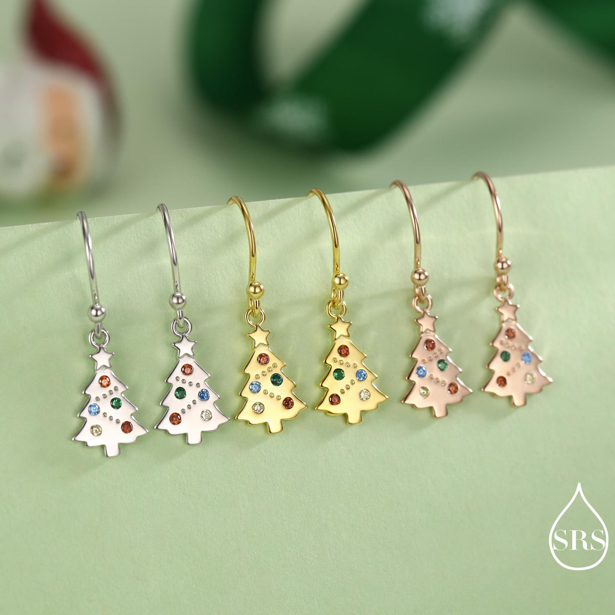 Dainty Christmas Tree Drop Hook Earrings in Sterling Silver, Silver, Gold or Rose Gold Finish, Tiny Xmas Tree Earrings, Christmas Earrings