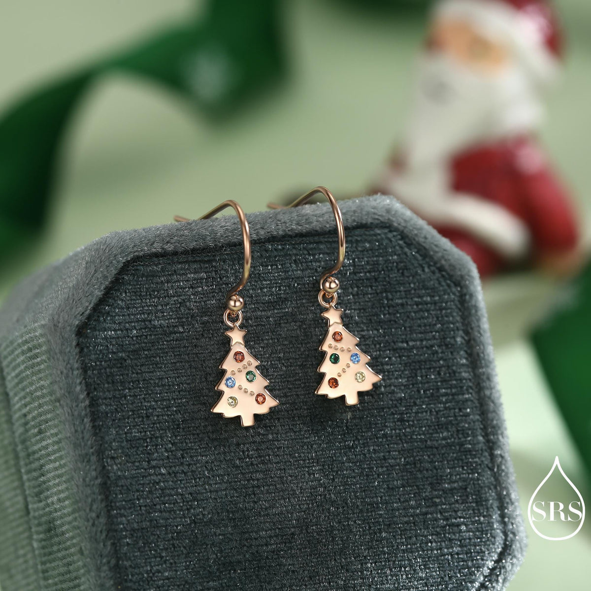 Dainty Christmas Tree Drop Hook Earrings in Sterling Silver, Silver, Gold or Rose Gold Finish, Tiny Xmas Tree Earrings, Christmas Earrings