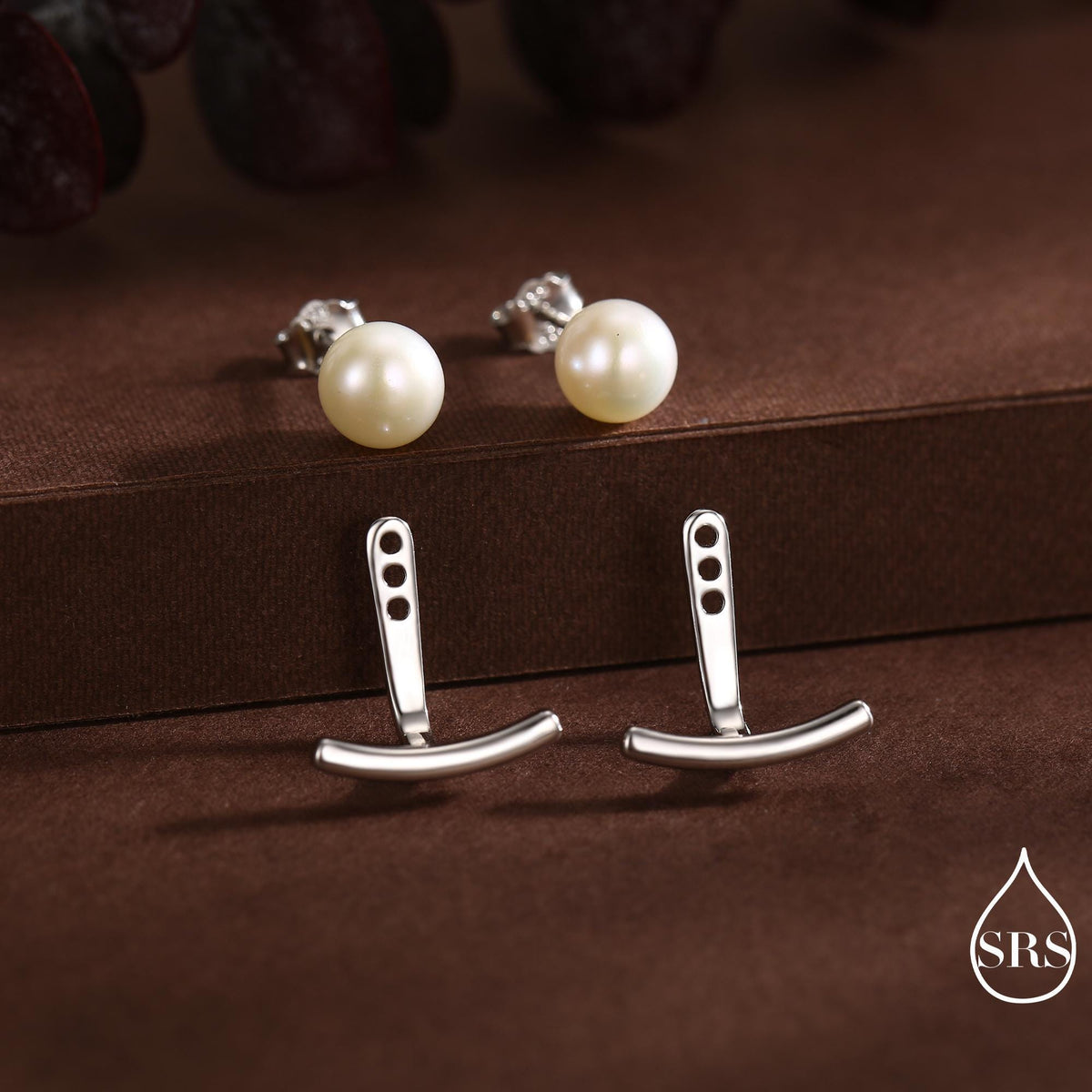 Sterling Silver Natural Freshwater Pearl and Bar Jacket Earrings, Silver or Gold or Rose Gold Finish, Genuine Pearl Ear Jacket
