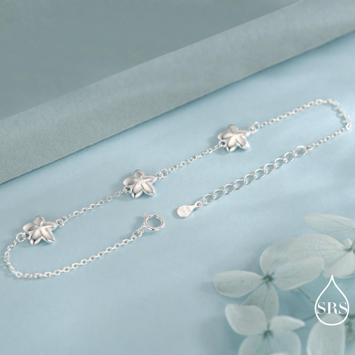 Enamel Forget Me Not Flower Trio Bracelet in Sterling Silver, Flower Bracelet, Blossom Bracelet, Forget-me-not Flower Bracelet