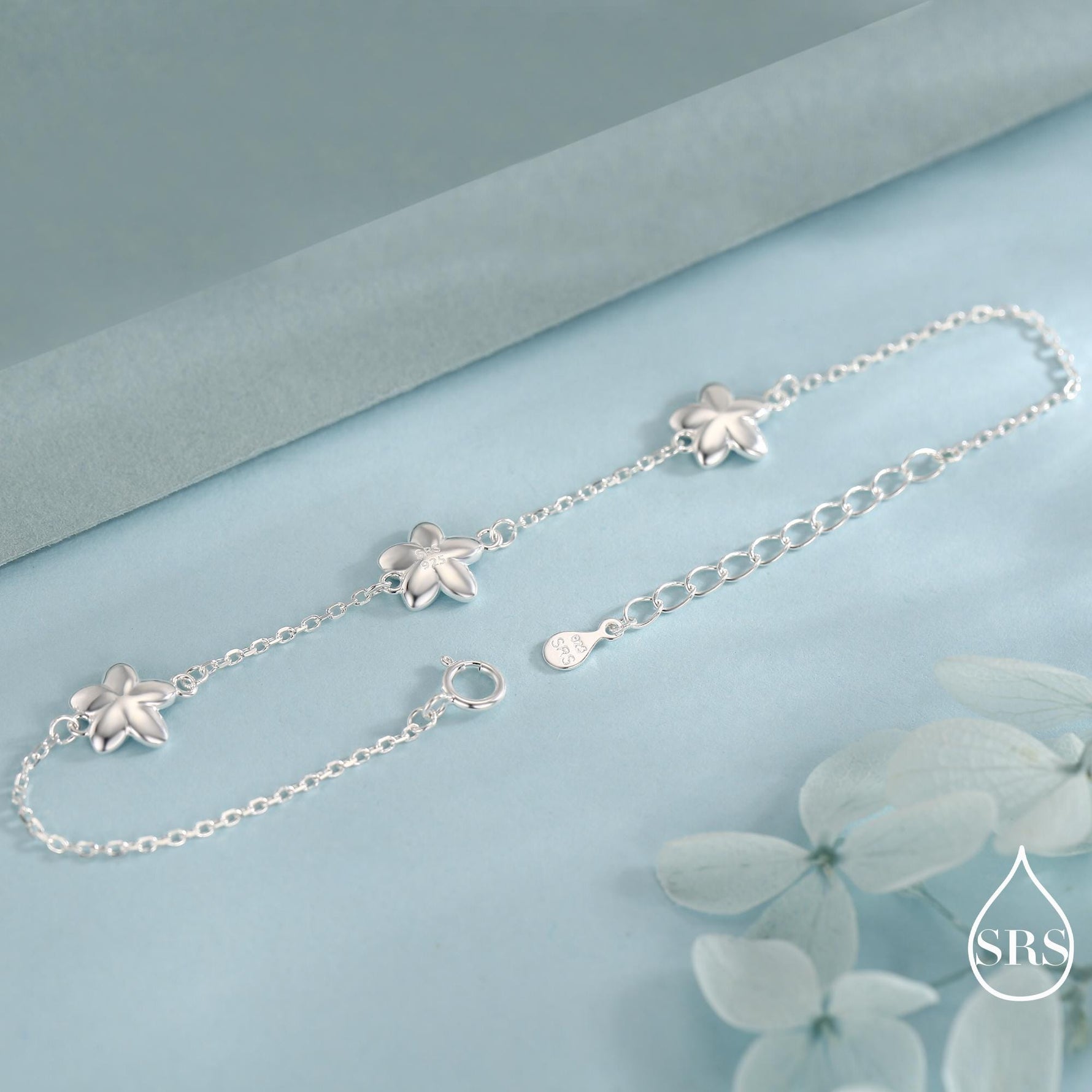 Enamel Forget Me Not Flower Trio Bracelet in Sterling Silver, Flower Bracelet, Blossom Bracelet, Forget-me-not Flower Bracelet