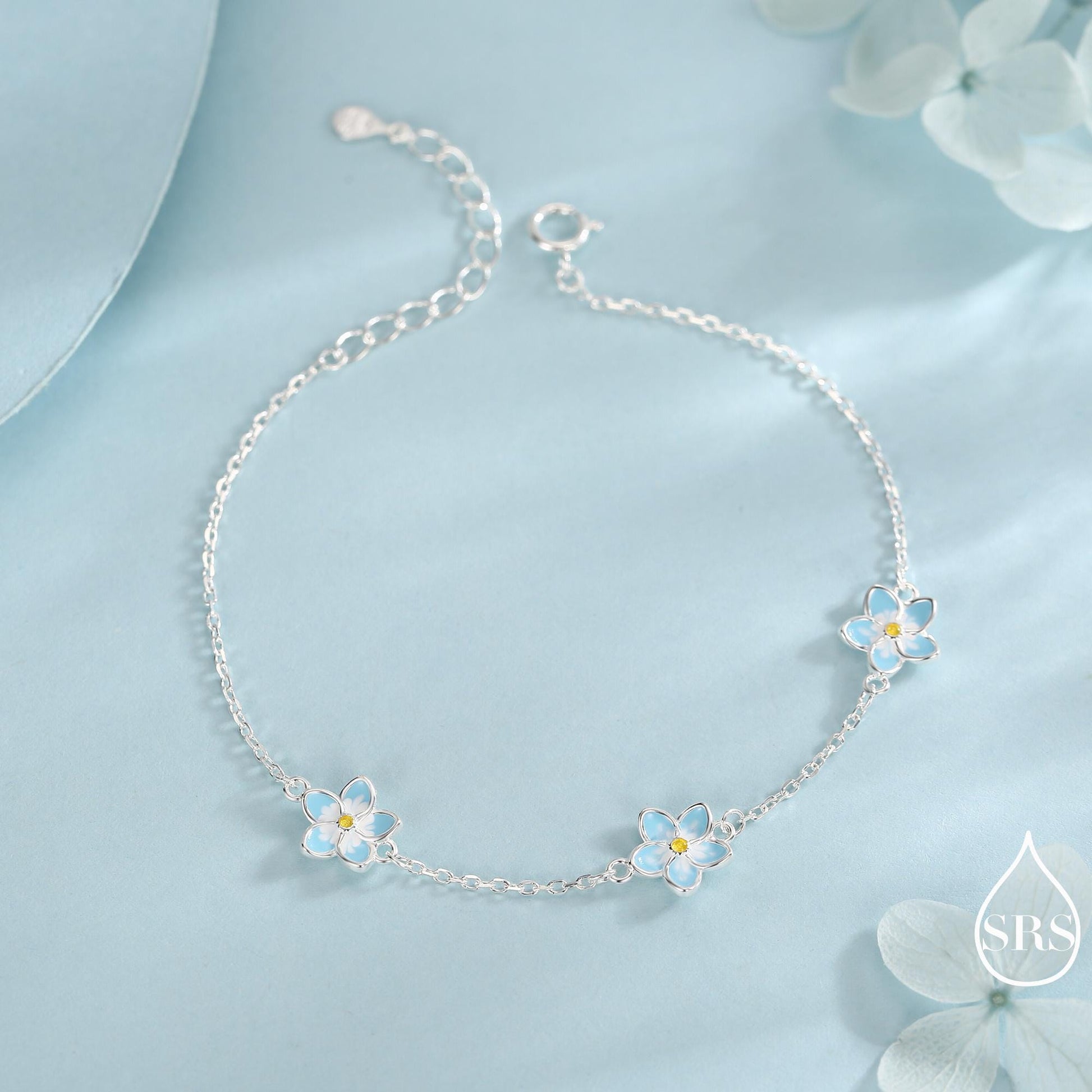 Enamel Forget Me Not Flower Trio Bracelet in Sterling Silver, Flower Bracelet, Blossom Bracelet, Forget-me-not Flower Bracelet