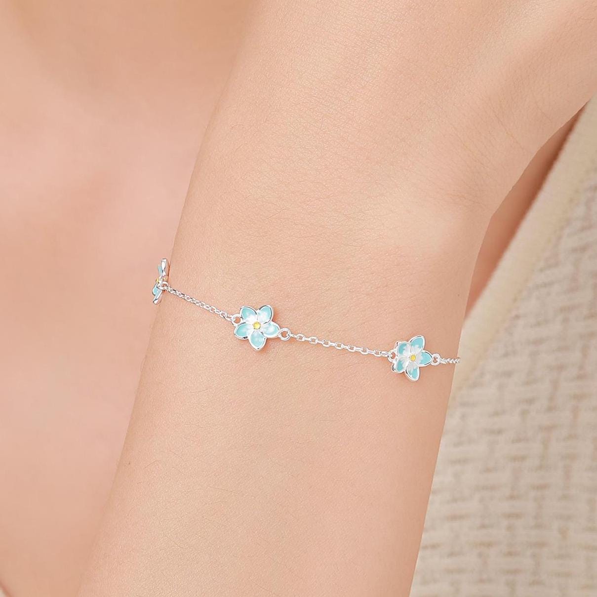 Enamel Forget Me Not Flower Trio Bracelet in Sterling Silver, Flower Bracelet, Blossom Bracelet, Forget-me-not Flower Bracelet