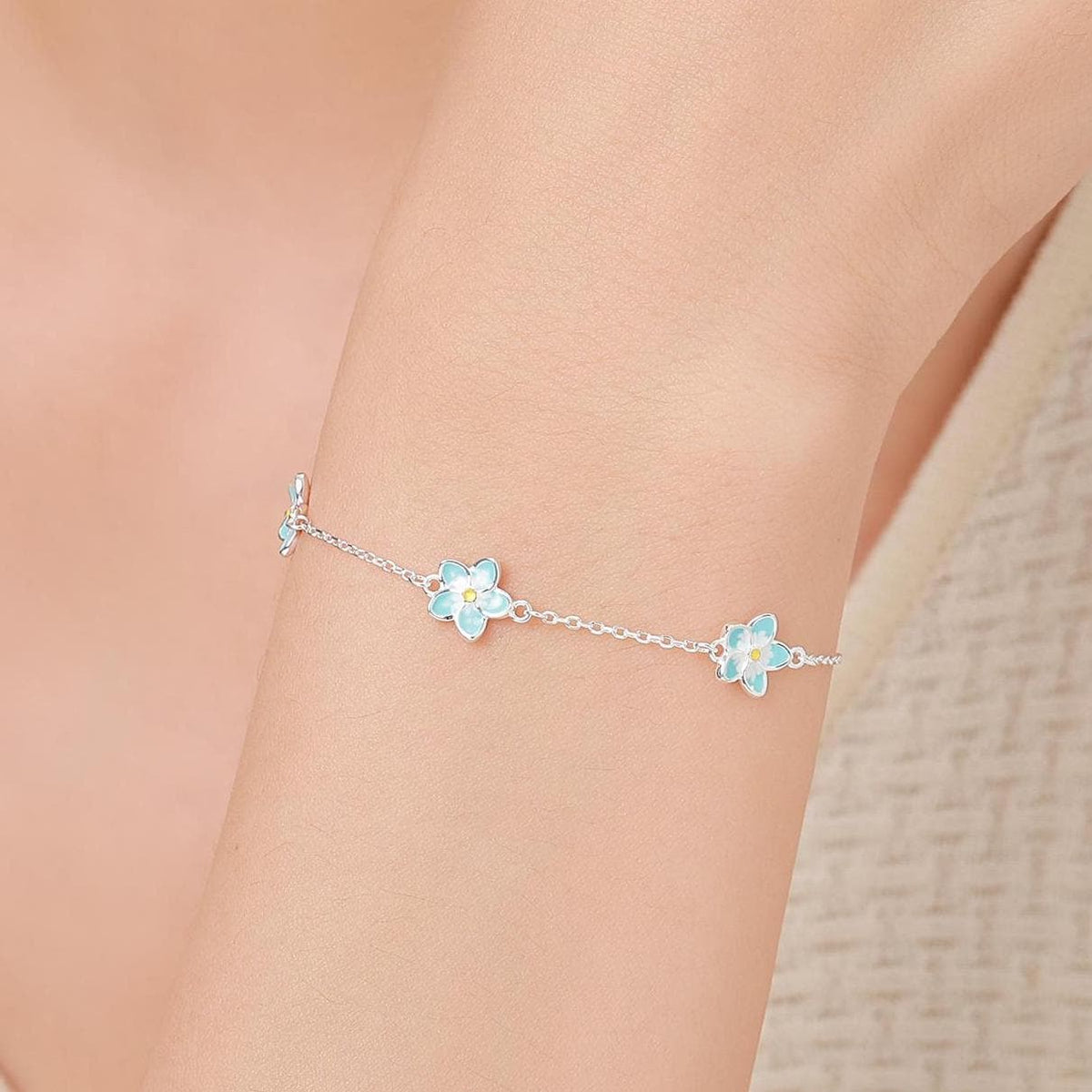 Enamel Forget Me Not Flower Trio Charm Bracelet
