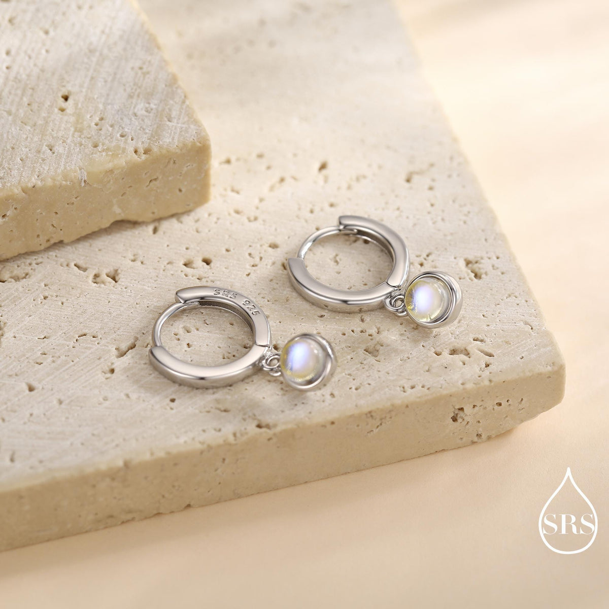Dangle Moonstone Huggie Hoop in Sterling Silver, Silver or Gold, Simulated Moonstone Hoops, Minimalist Hoop Earrings, Moonstone Coin Hoops