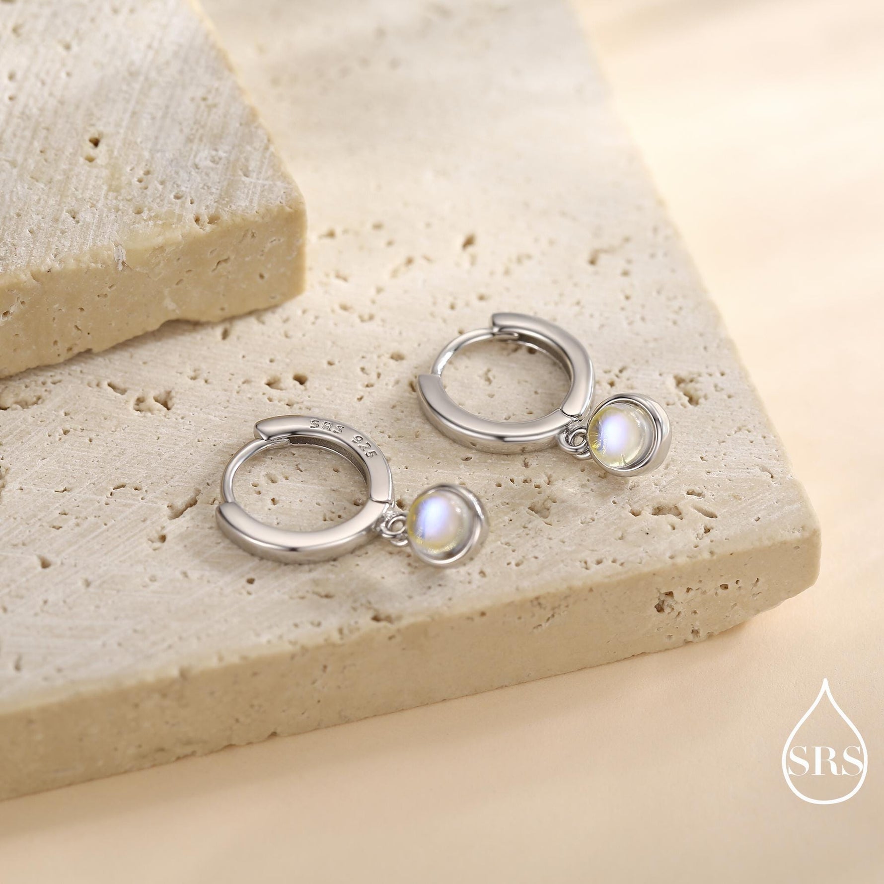 Dangle Moonstone Huggie Hoop in Sterling Silver, Silver or Gold, Simulated Moonstone Hoops, Minimalist Hoop Earrings, Moonstone Coin Hoops