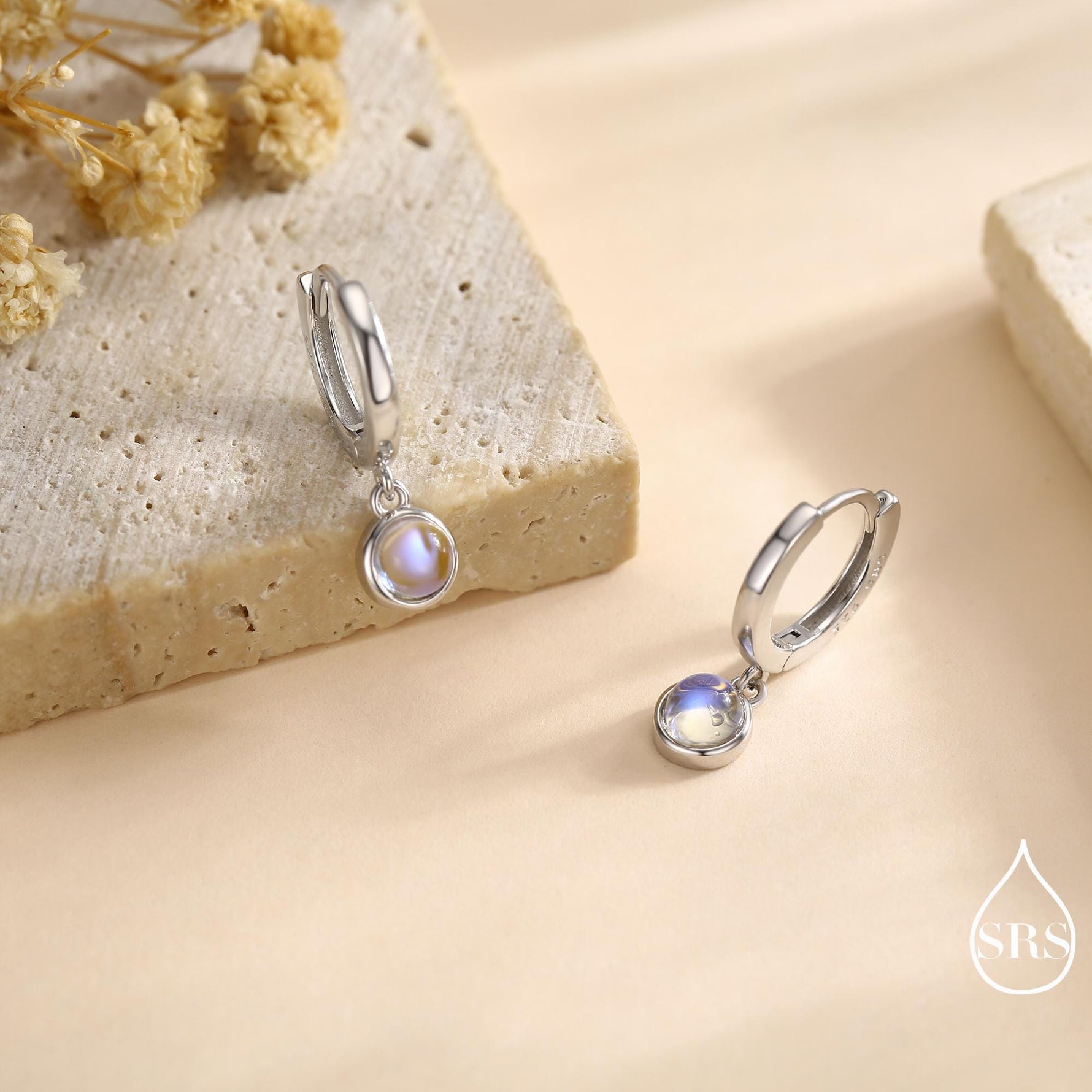 Dangle Moonstone Huggie Hoop in Sterling Silver, Silver or Gold, Simulated Moonstone Hoops, Minimalist Hoop Earrings, Moonstone Coin Hoops