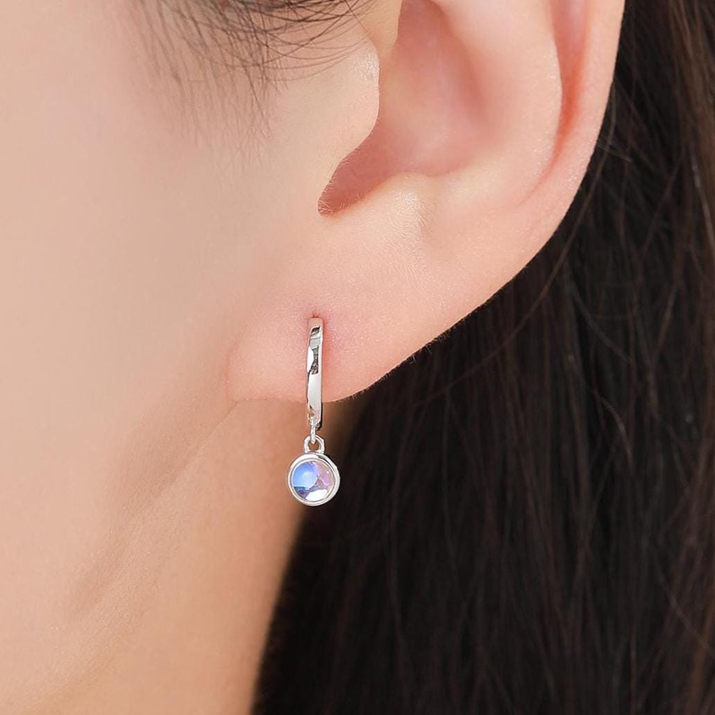 Dangle Moonstone Huggie Hoop in Sterling Silver, Silver or Gold, Simulated Moonstone Hoops, Minimalist Hoop Earrings, Moonstone Coin Hoops
