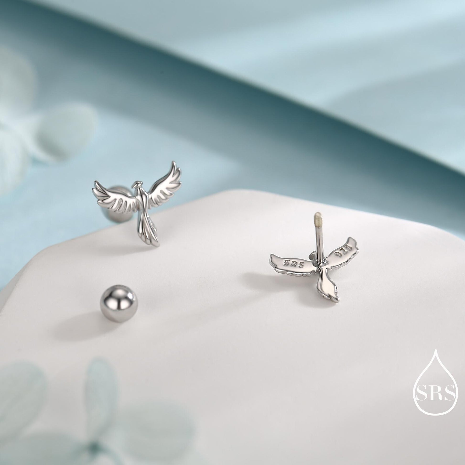 Phoenix Screw Back /Flat Back /Stud Earrings in Sterling Silver, Silver or Gold or Rose Gold Finish, Phoenix Earrings