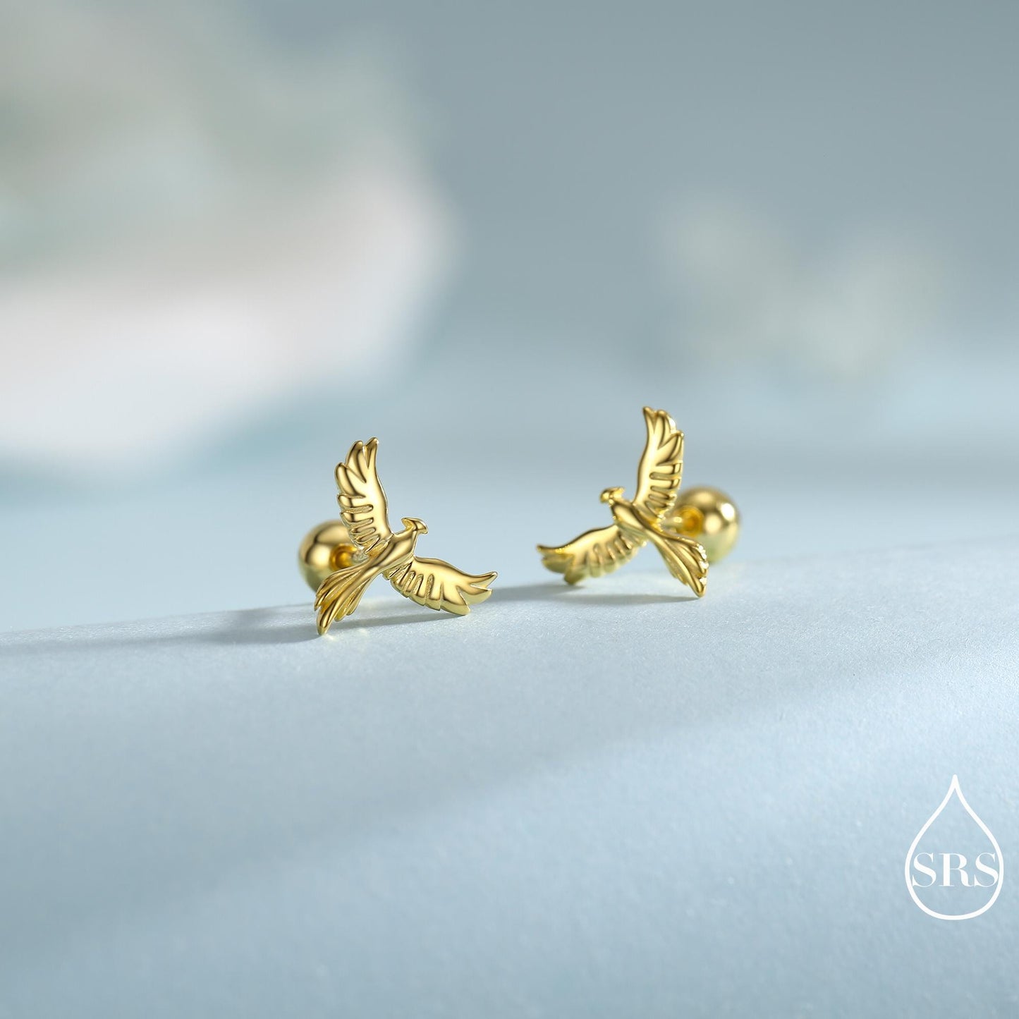 Phoenix Screw Back /Flat Back /Stud Earrings in Sterling Silver, Silver or Gold or Rose Gold Finish, Phoenix Earrings